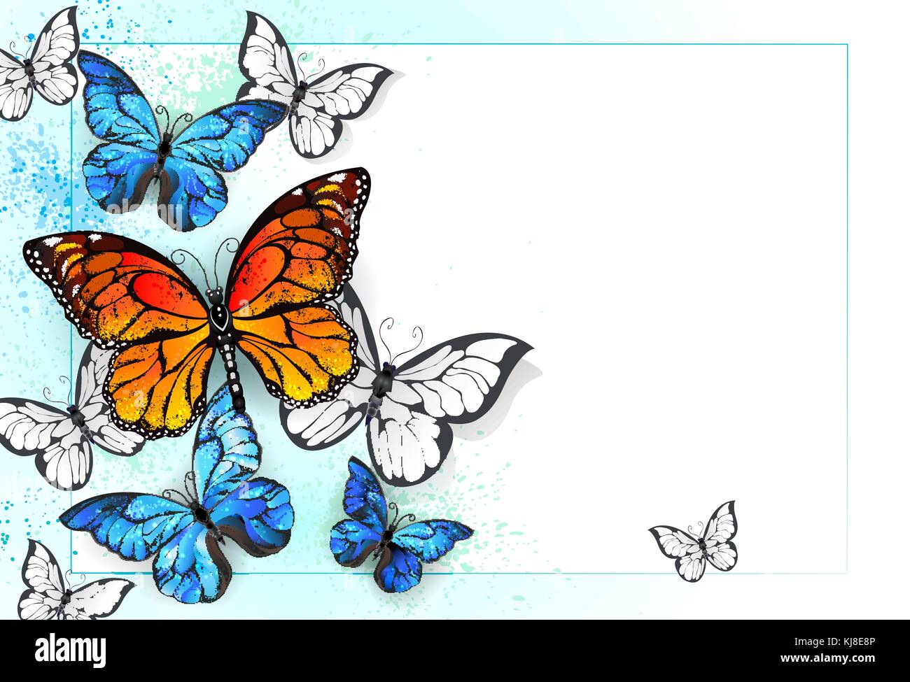 Fond blanc est peint en bleu et vert avec des papillons et des monarques et morpho . morpho. papillon monarque. conception avec les papillons. Illustration de Vecteur