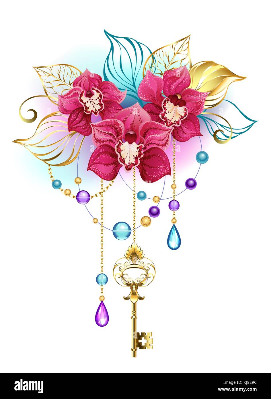 Trois peint artistiquement, roses, d'orchidées exotiques avec feuilles dorées et des chaînes en or, décorée avec des perles de verre bleu et violet orchidée rose. Illustration de Vecteur