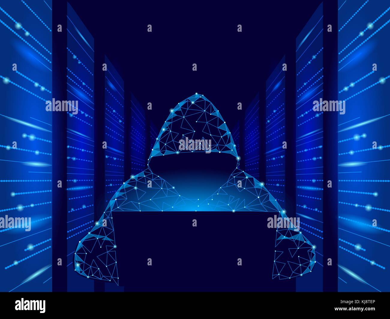 Sécurité de l'internet cyber-attaque faible du concept d'entreprise. poly hacker anonyme à l'ordinateur portable blue finances danger. Salle de serveurs rack point polygonal design géométrique point ligne vector illustration Illustration de Vecteur