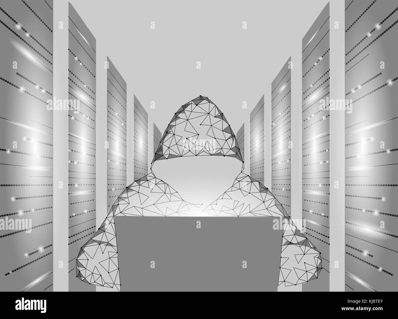Sécurité de l'internet cyber-attaque faible du concept d'entreprise. poly hacker anonyme Ordinateur portable gris blanc finances danger. Salle de serveurs rack point polygonal design géométrique point ligne vector illustration Illustration de Vecteur