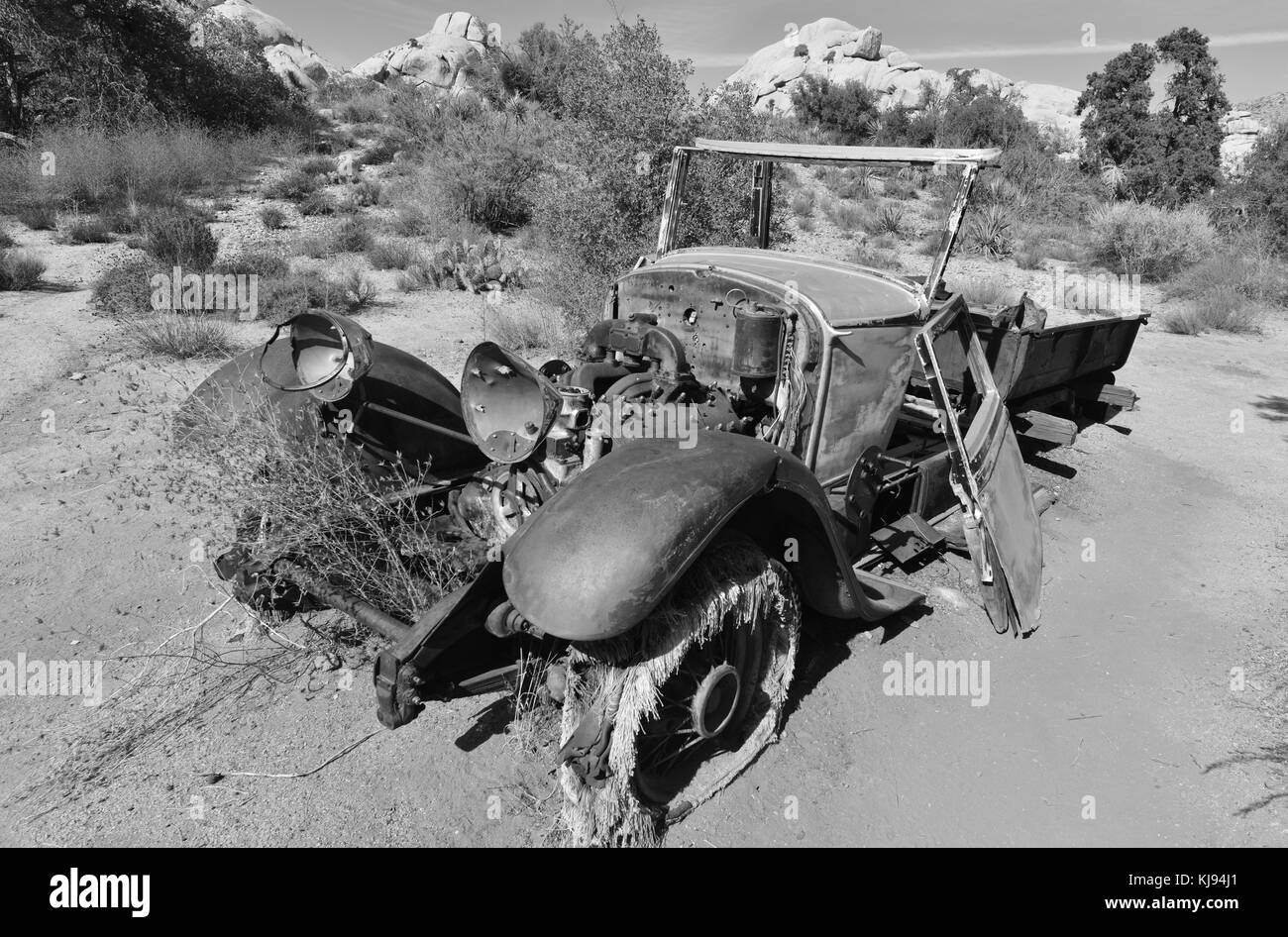 Une prise en charge à l'américain qui pourrissent le Joshua Tree National Park. Banque D'Images