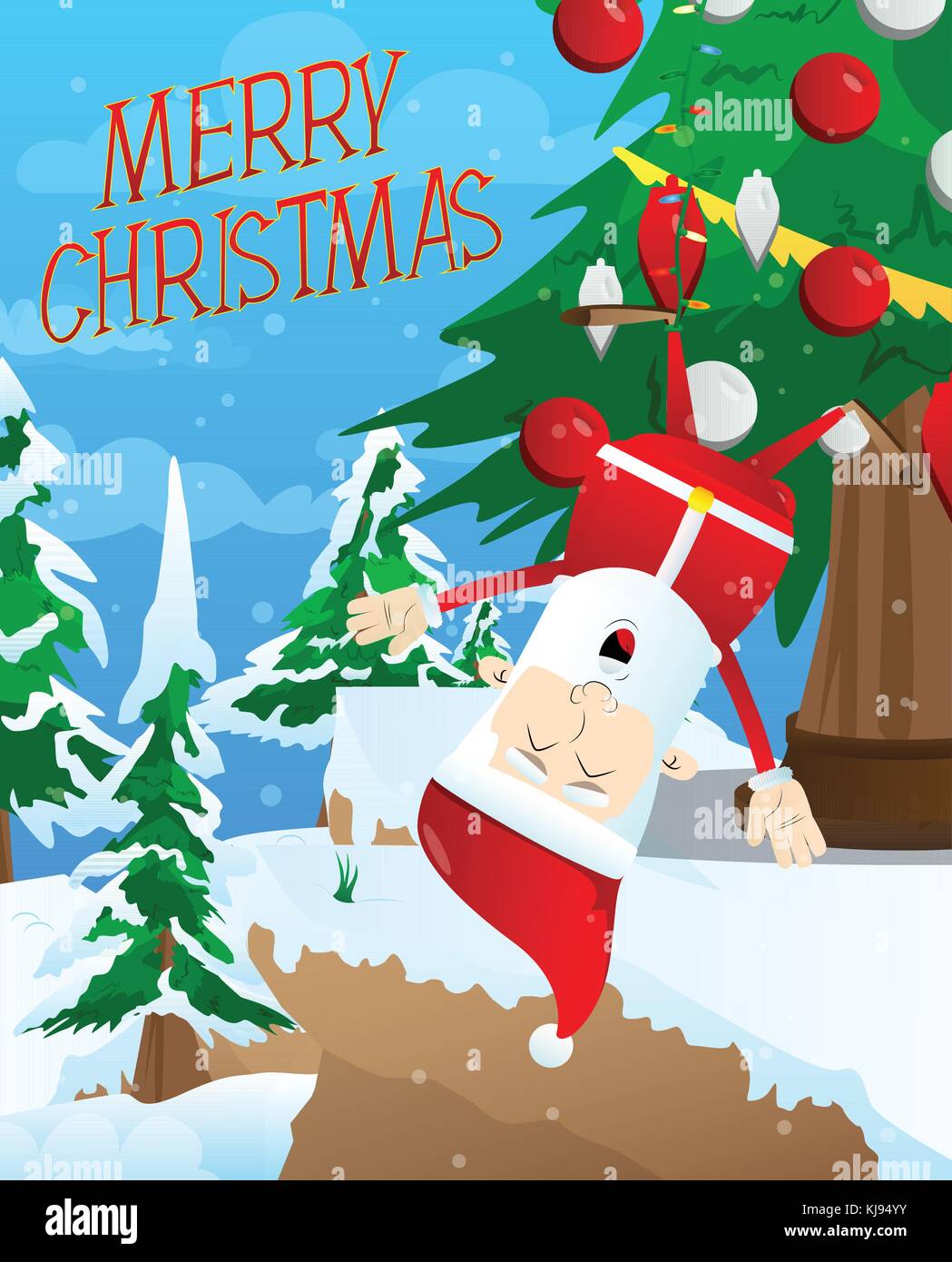 Père Noël tête en bas d'un arbre de Noël. vector illustration de  personnages de dessins animés Image Vectorielle Stock - Alamy