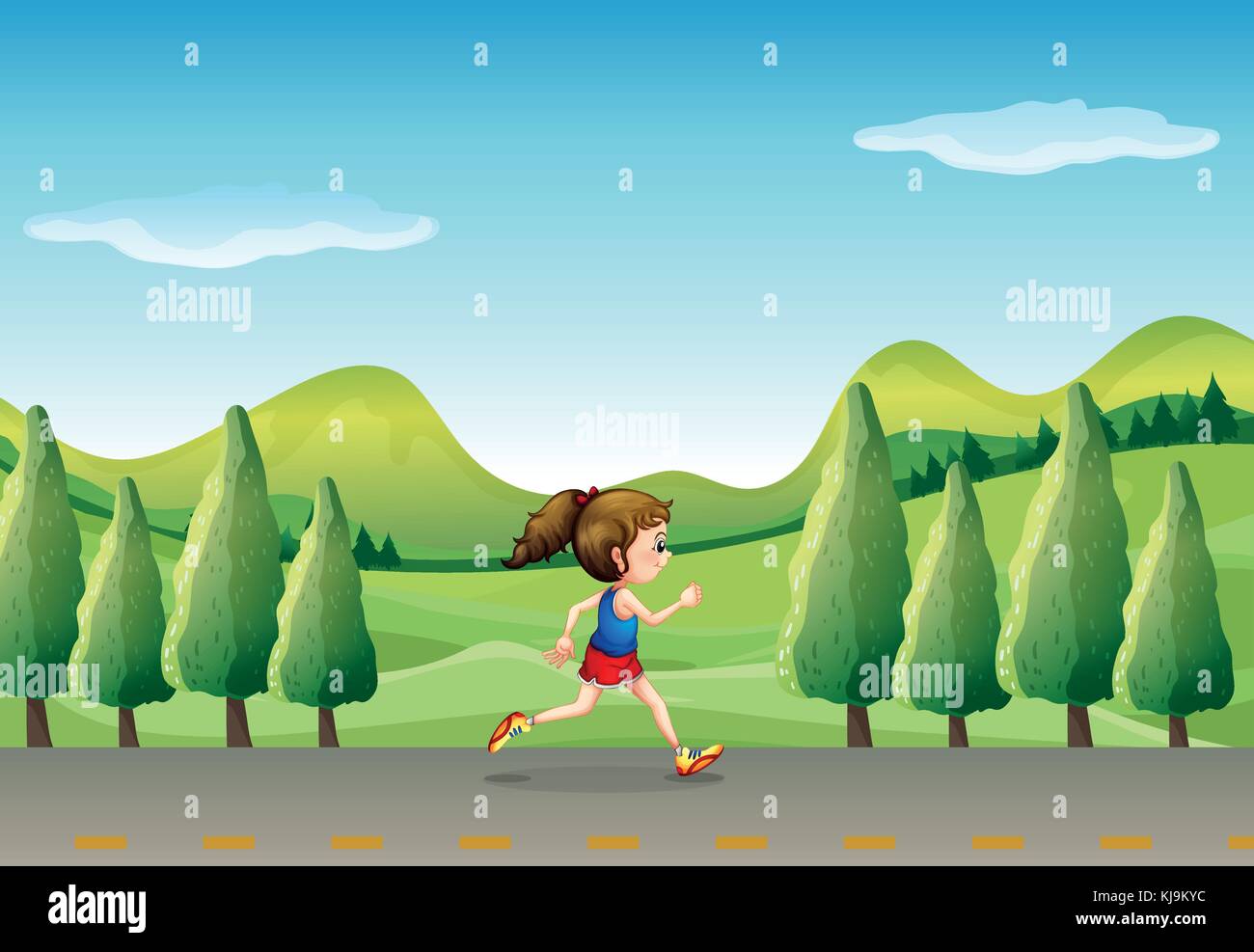 Illustration d'une fille courir à la rue avec des arbres Illustration de Vecteur