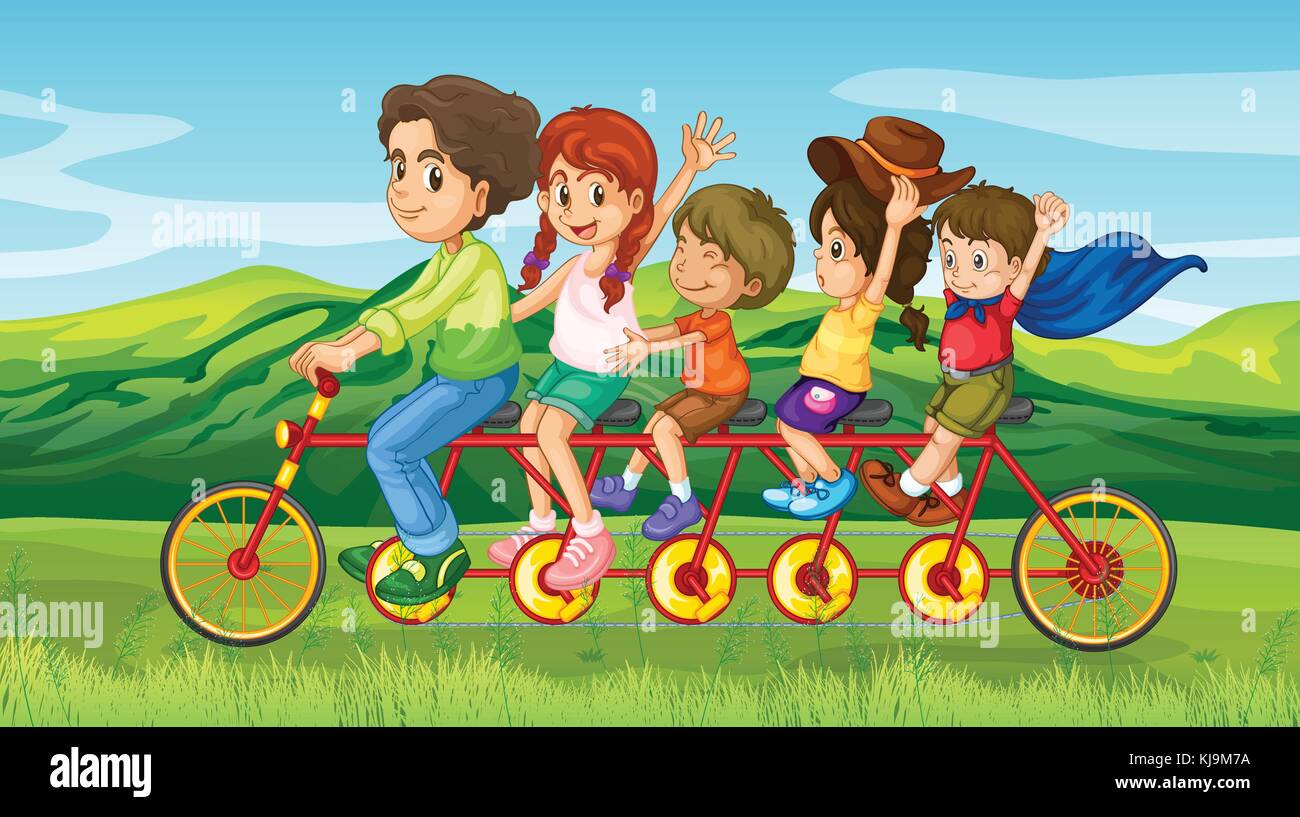 Illustration d'un homme monté sur un vélo avec quatre enfants Illustration de Vecteur