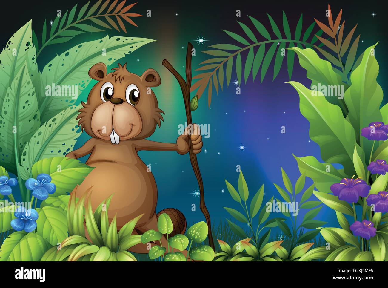 Illustration d'un Castor tenant un morceau de bois dans le jardin Illustration de Vecteur