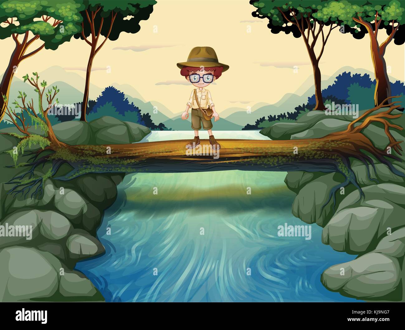 Illustration d'un garçon debout au-dessus du tronc à la rivière Illustration de Vecteur