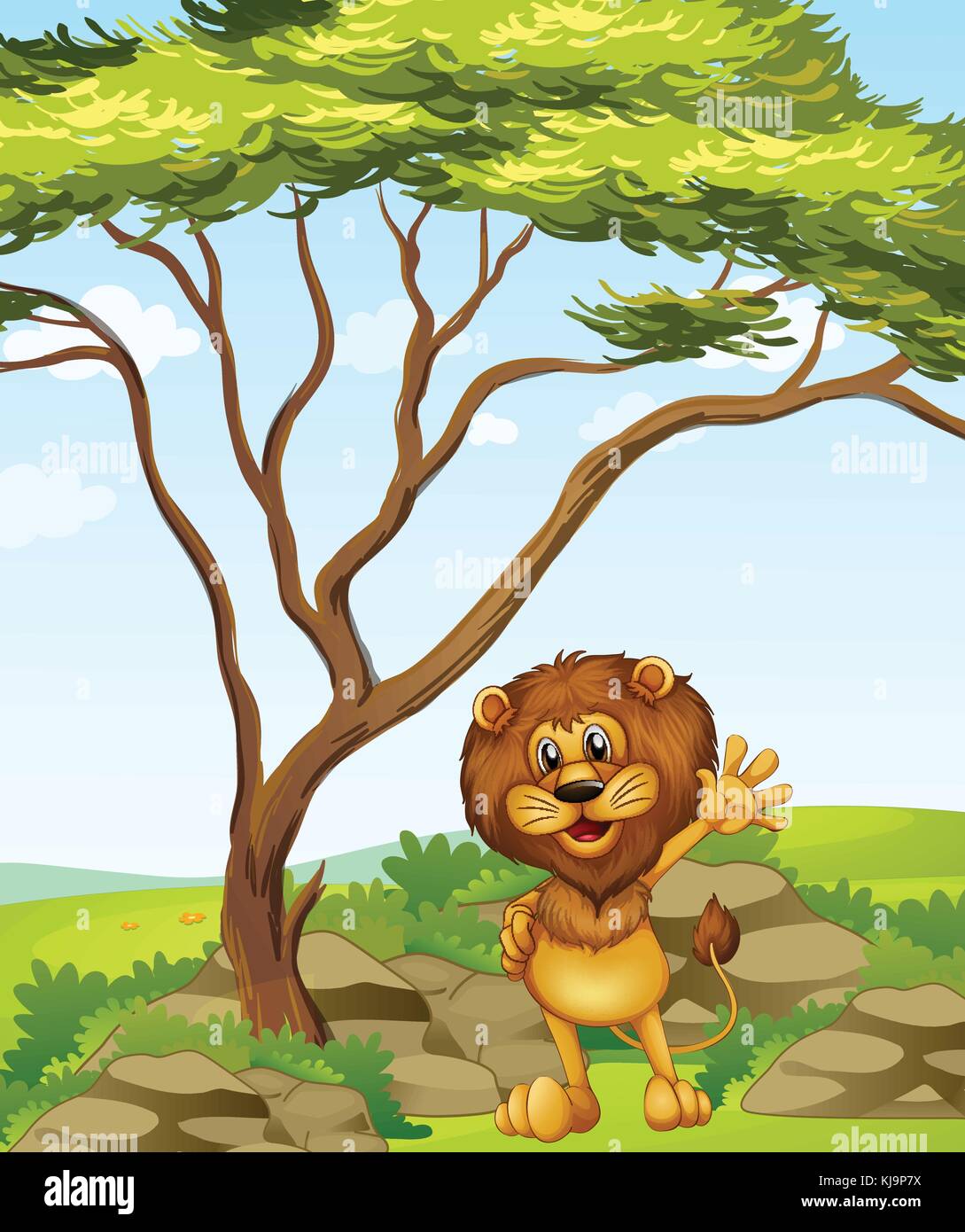 Illustration d'un lion debout à côté d'un grand arbre Illustration de Vecteur