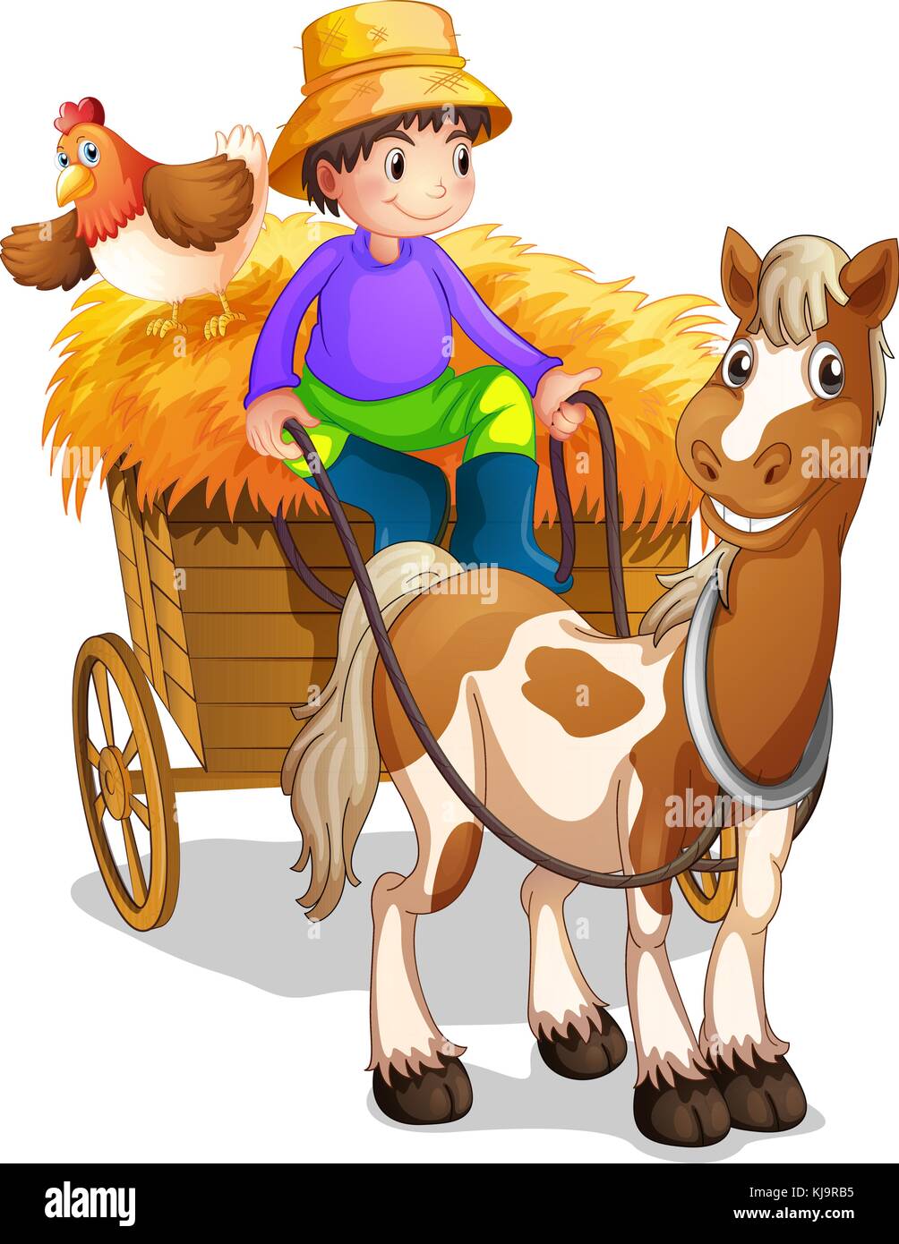 Illustration d'un agriculteur équitation dans son panier en bois avec un cheval et un poulet sur un fond blanc Illustration de Vecteur