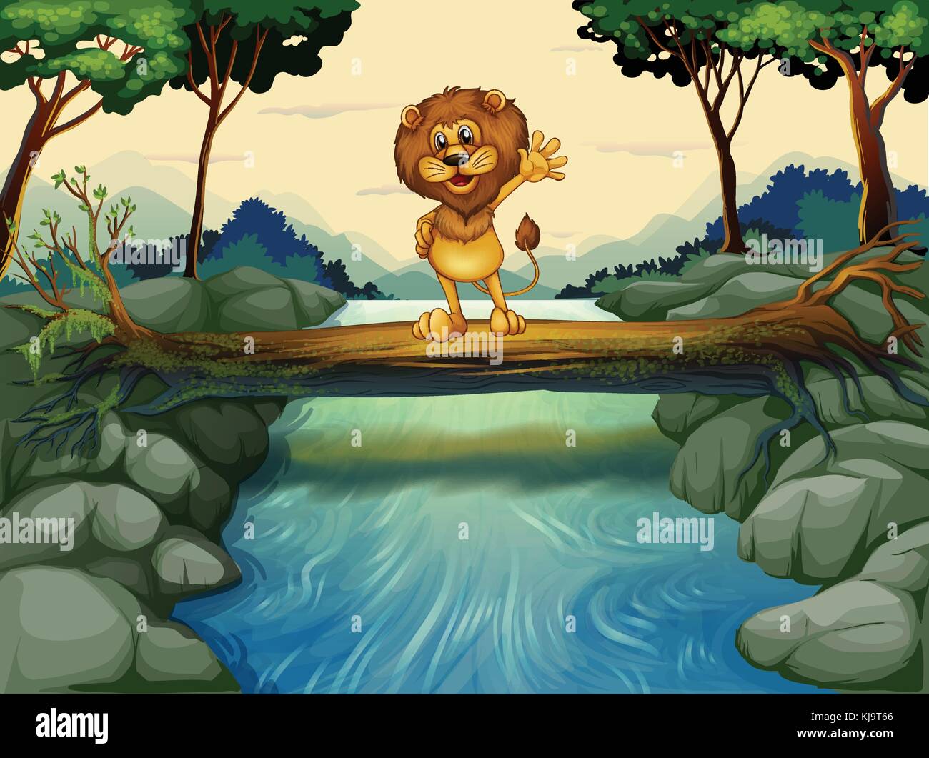 Illustration d'un lion debout sur le tronc au-dessus de la rivière Illustration de Vecteur