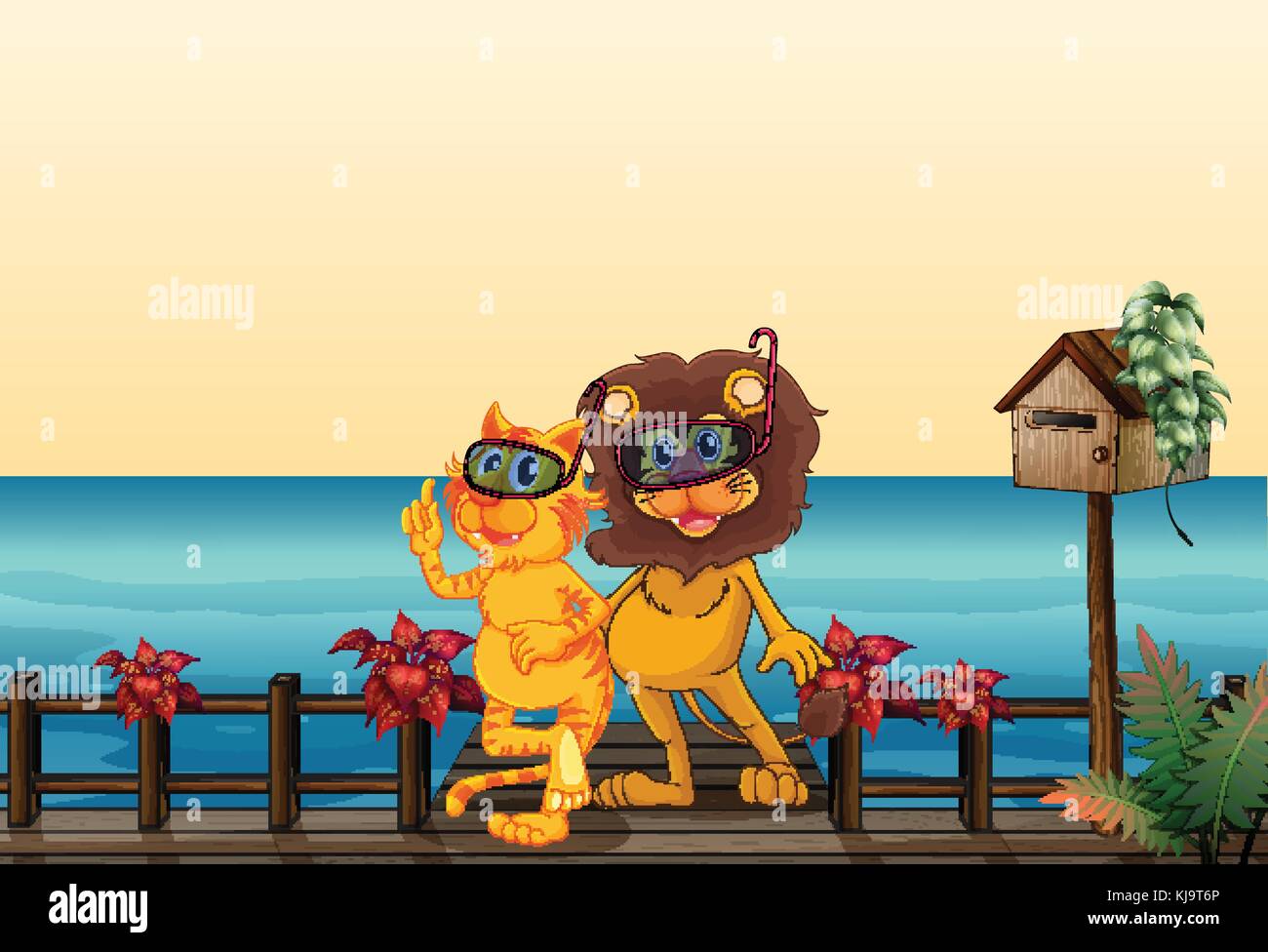 Illustration d'un lion et un tigre au pont Illustration de Vecteur