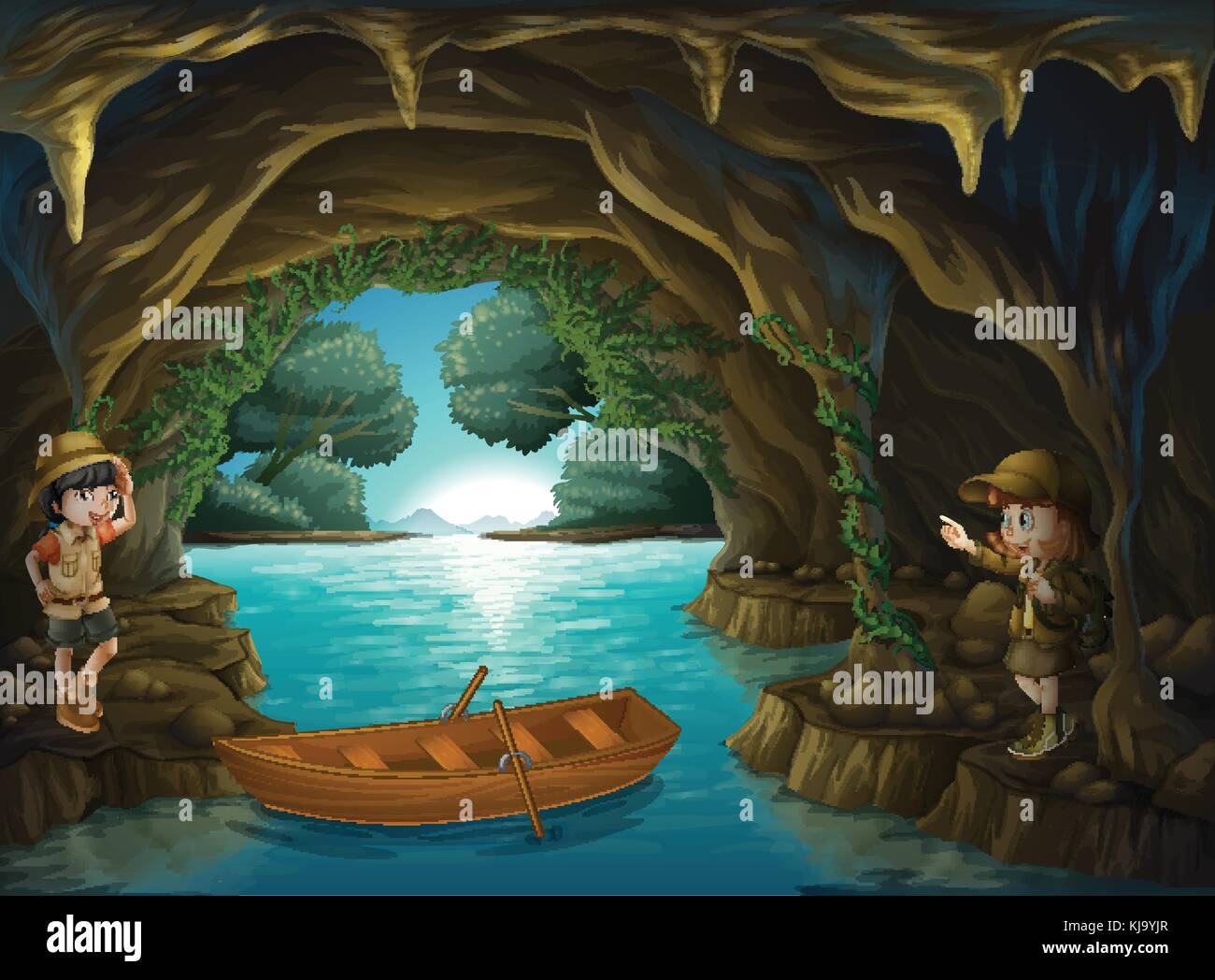 Illustration de la jeunes explorateurs à l'intérieur de la grotte Illustration de Vecteur