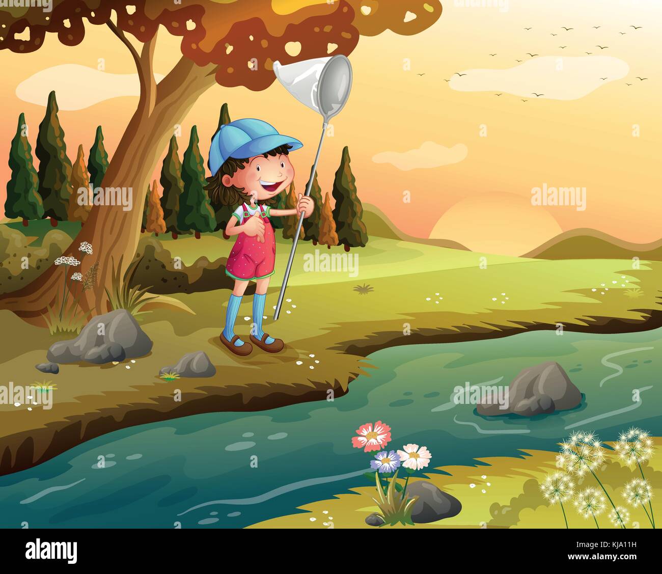 Illustration d'une jeune fille tenant un filet le long de la rivière Illustration de Vecteur