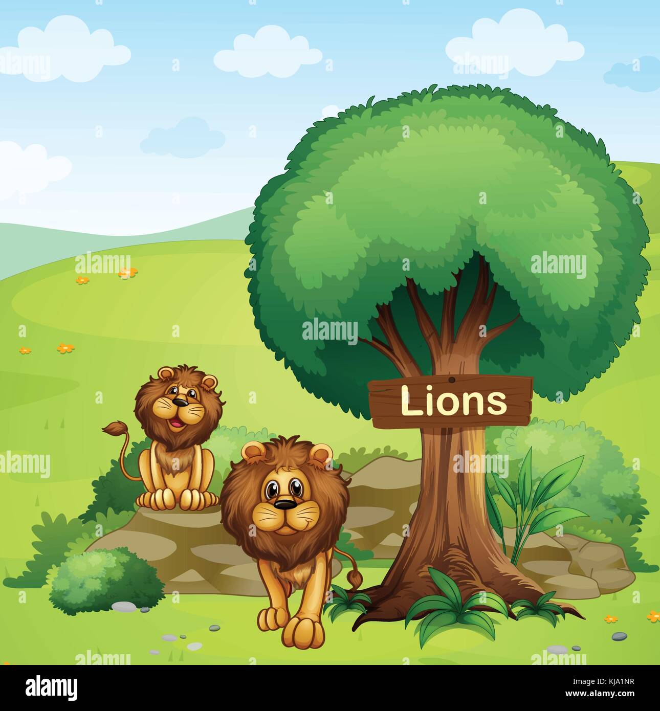 Illustration d'une pancarte posté dans un arbre et les deux lions Illustration de Vecteur