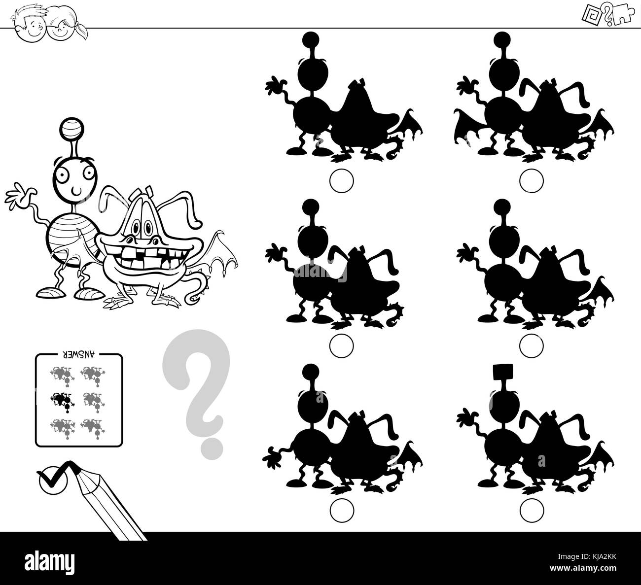 Cartoon noir et blanc illustration de la recherche de l'ombre sans différences activité éducative pour les enfants avec des personnages de bande dessinée monster colorin Illustration de Vecteur