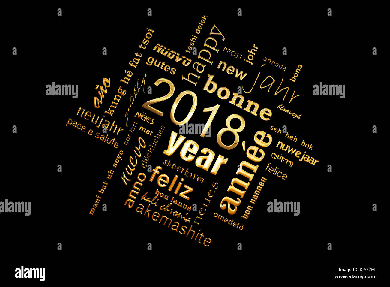 2018 Nouvelle année d'or nuage de mots de texte multilingue square carte de souhaits sur fond noir Banque D'Images