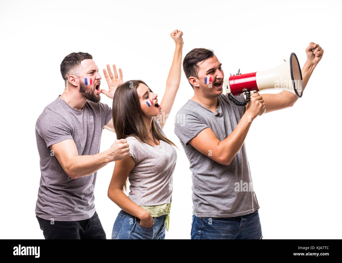 Groupe de soutien des fans de football france sur fond blanc de l'équipe nationale de football. Banque D'Images