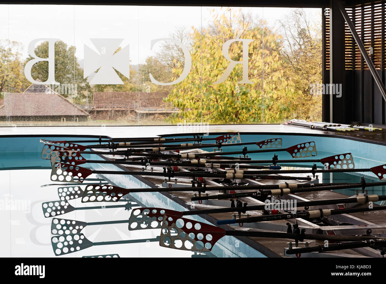 Détail de l'intérieur avec les lumières. Centre d'aviron de Radley, Oxford, Royaume-Uni. Architecte : Mulroy architectes, 2016. Banque D'Images