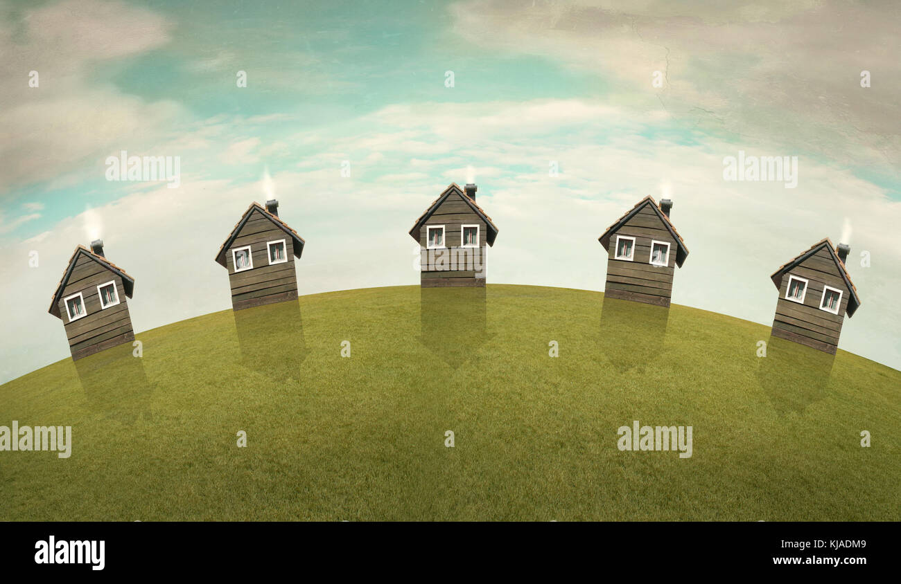 Imaginer d'illustration horizontal représentant cinq mêmes maisons sur une colline avec ciel nuageux Banque D'Images