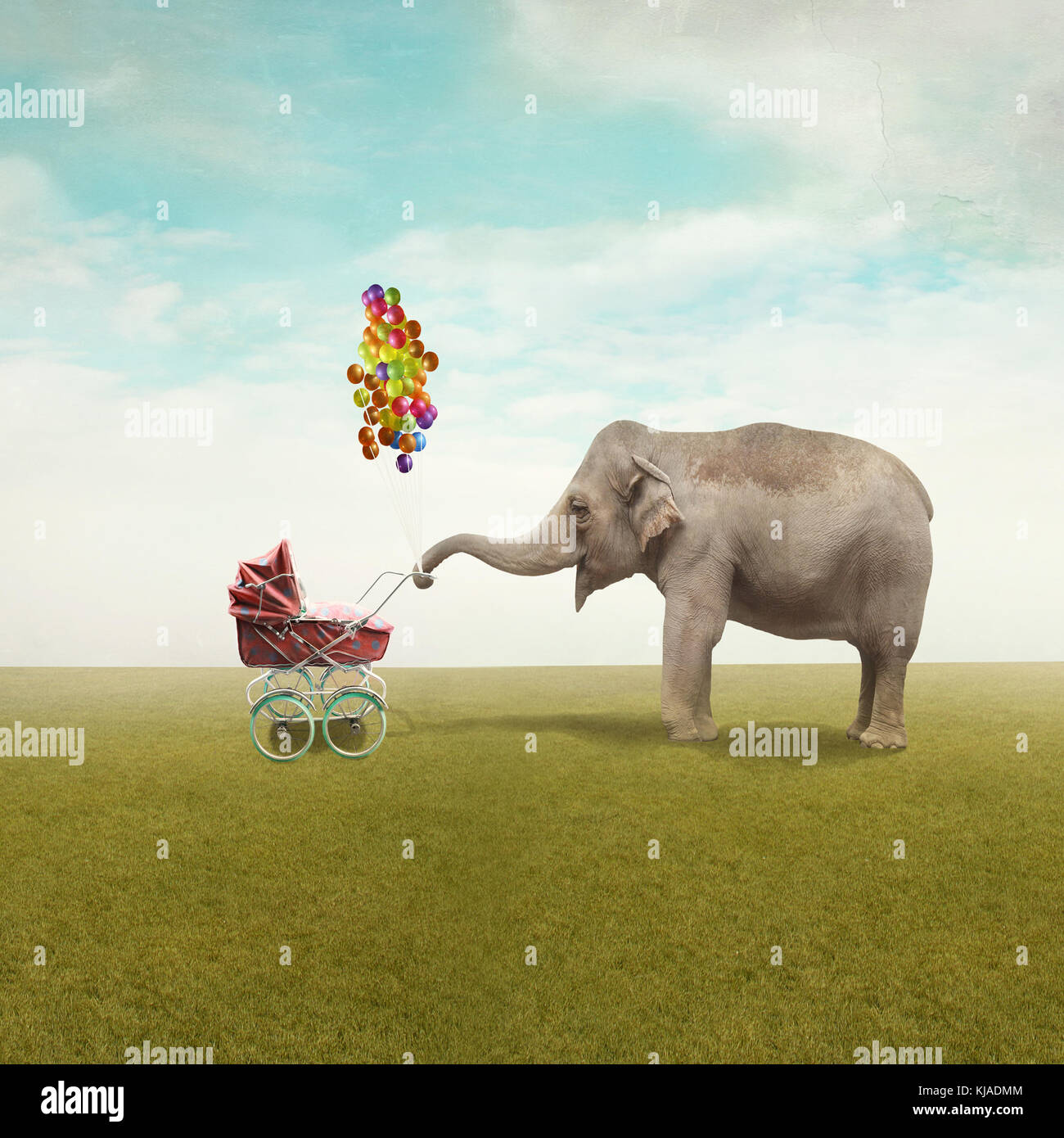 Illustration drôle avec une belle tête d'éléphants marcher son enfant dans un fauteuil roulant Banque D'Images