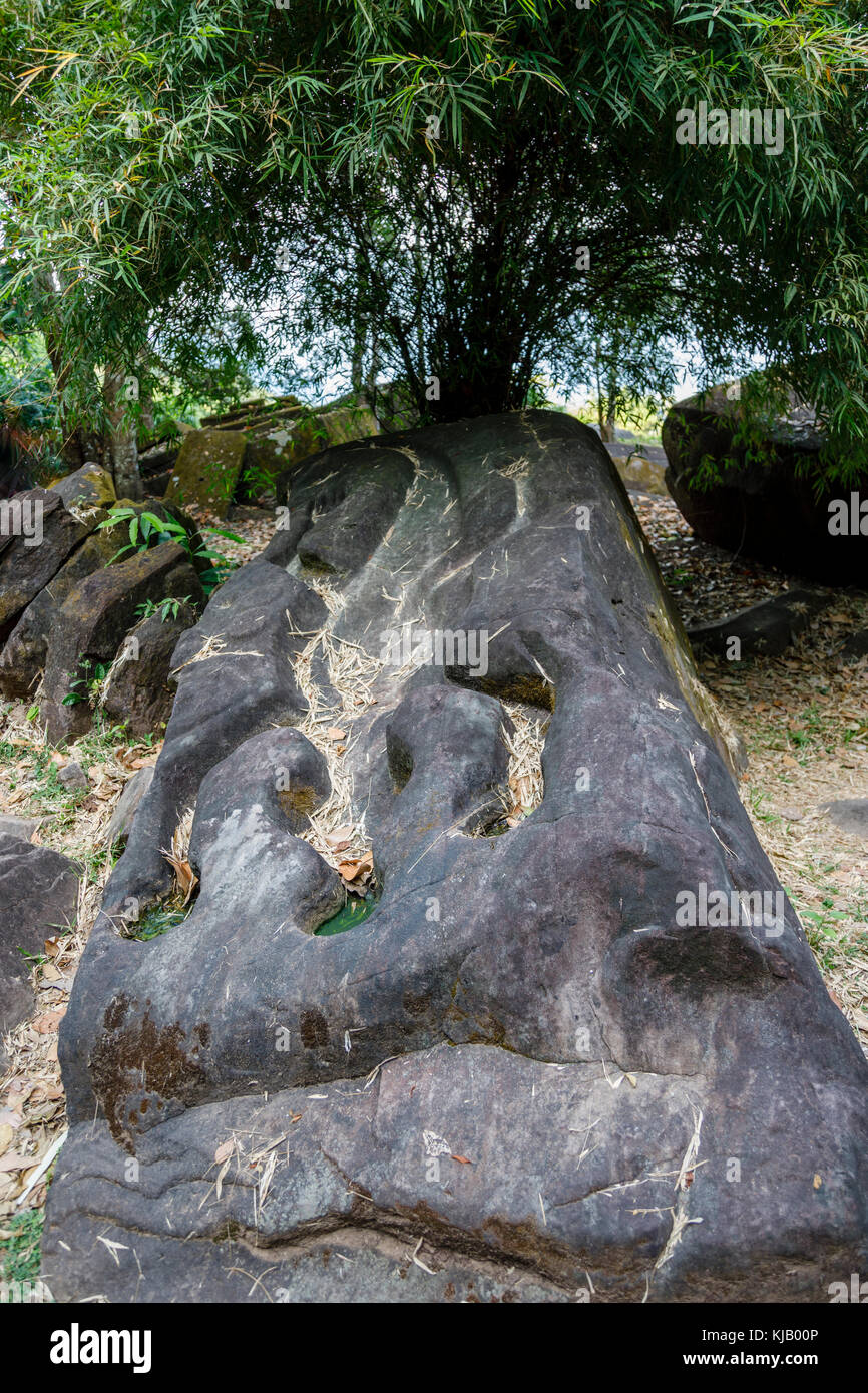 Le crocodile à la pierre d'anciennes ruines de l'Hindou Khmer pré-angkorienne (maintenant bouddhiste) temple de Wat Phou, province de Champasak, au Laos, en Asie du sud-est Banque D'Images