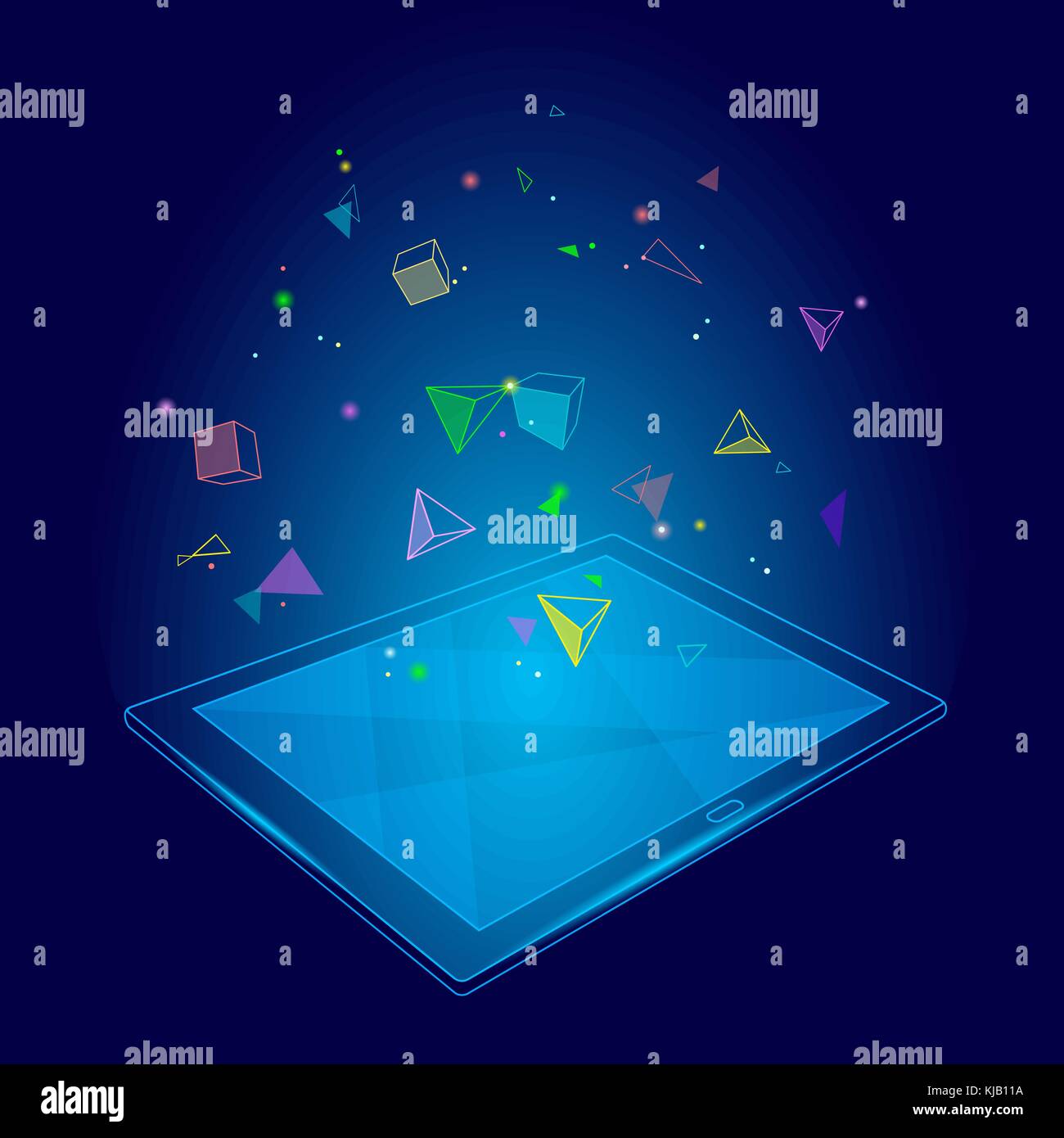 Ebook tablet pc l'imagination visuelle de la réalité virtuelle l'esprit faible. L'effet polygonal poly formes géométriques. creative e-learning la lecture sur écran tactile électronique médias bleu vector illustration Illustration de Vecteur