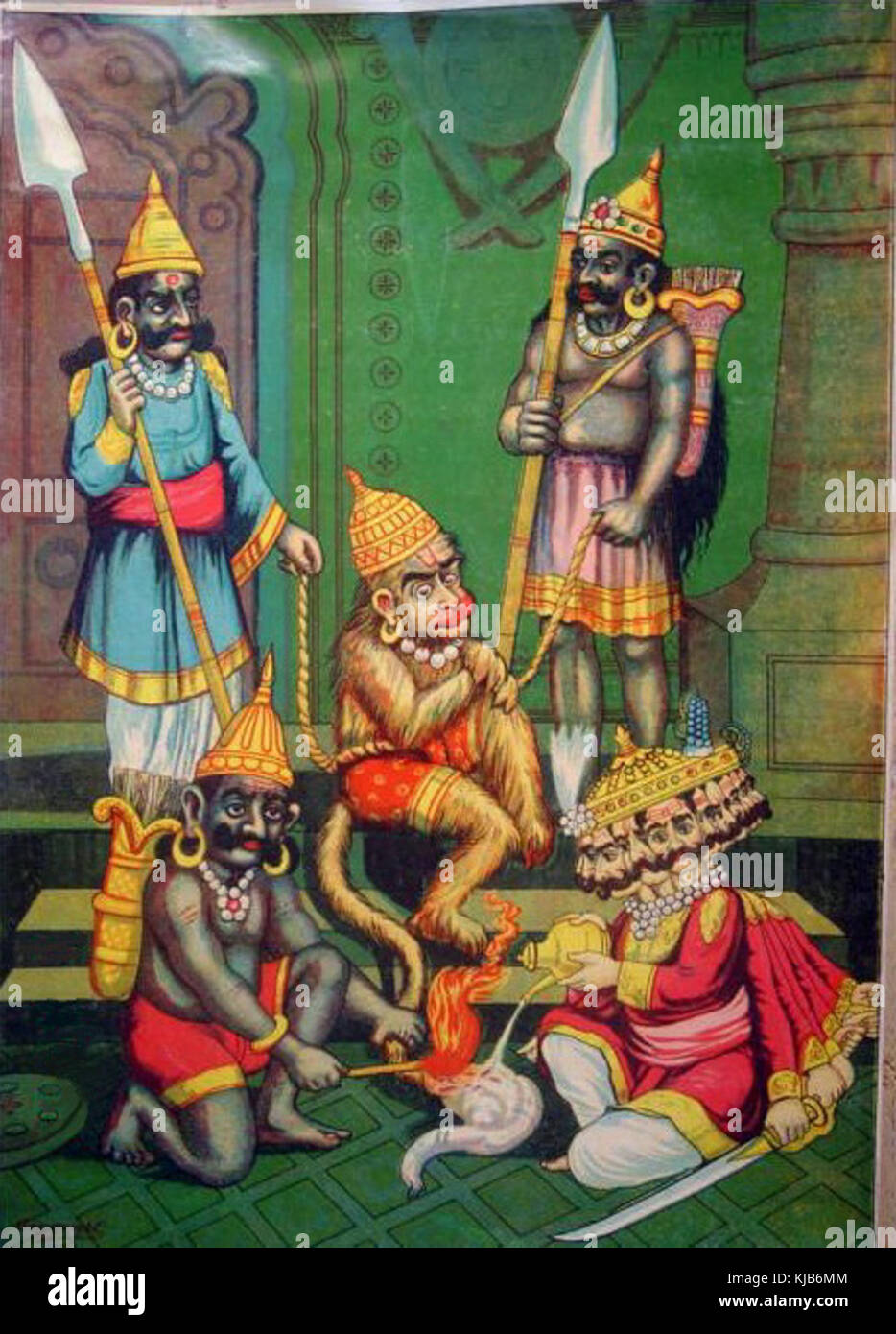 Hanuman puis s'autorise à être capturé par Ravana, qui définit sa queue en feu ; bazar de l'art, c.1910's Banque D'Images
