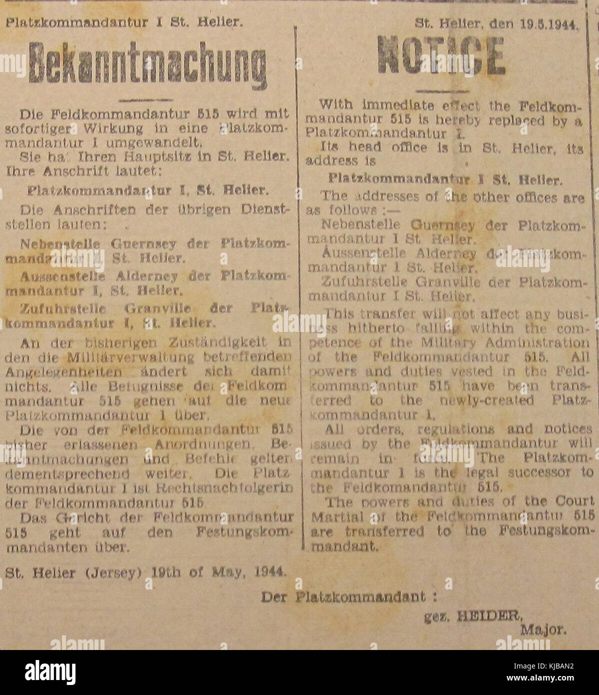 Jersey 1944 Platzkommandant Bekanntmachung Banque D'Images