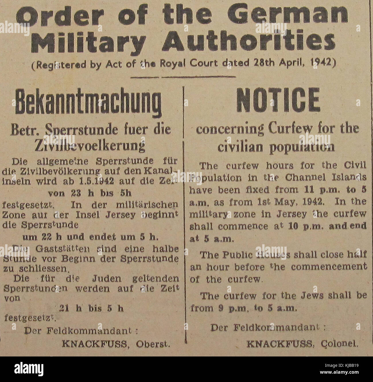 Bekanntmachung 1942 couvre-feu Jersey Banque D'Images