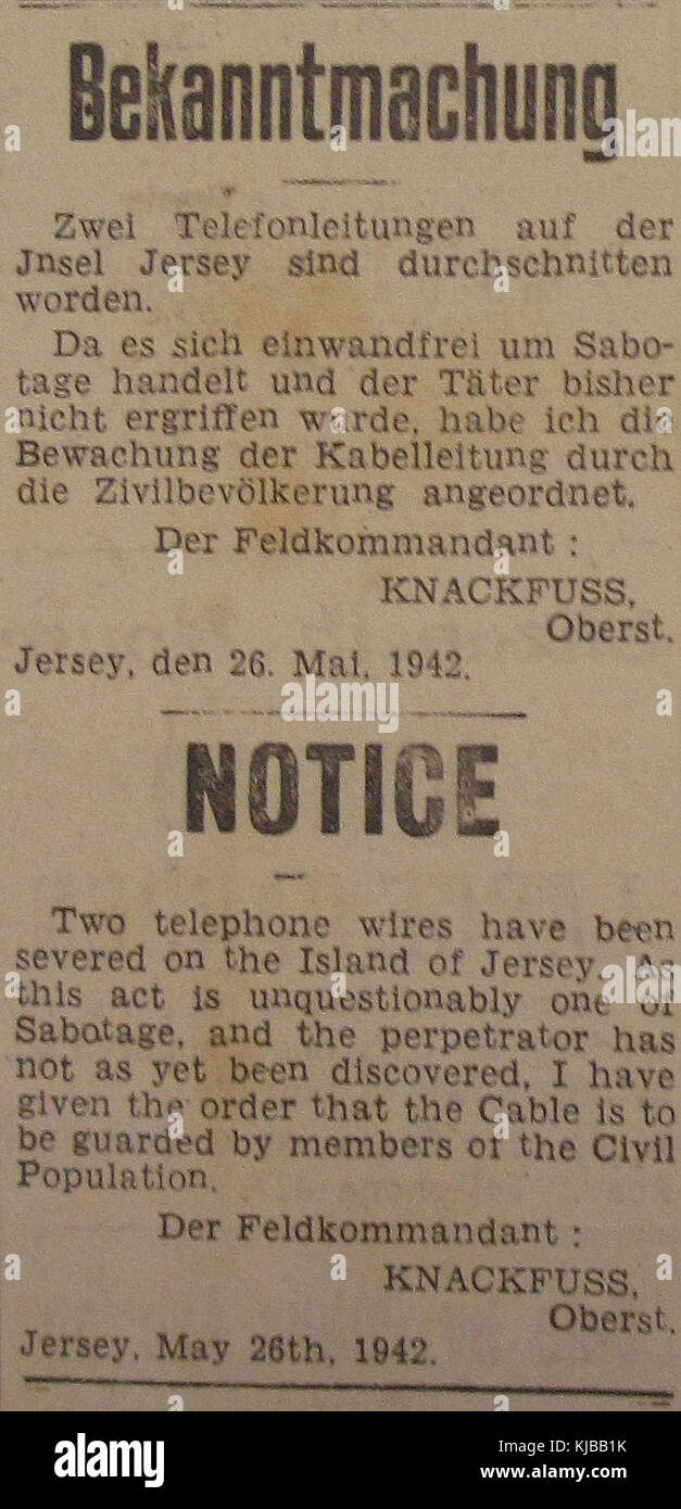 Bekanntmachung 1942 sabotage téléphone Jersey Banque D'Images