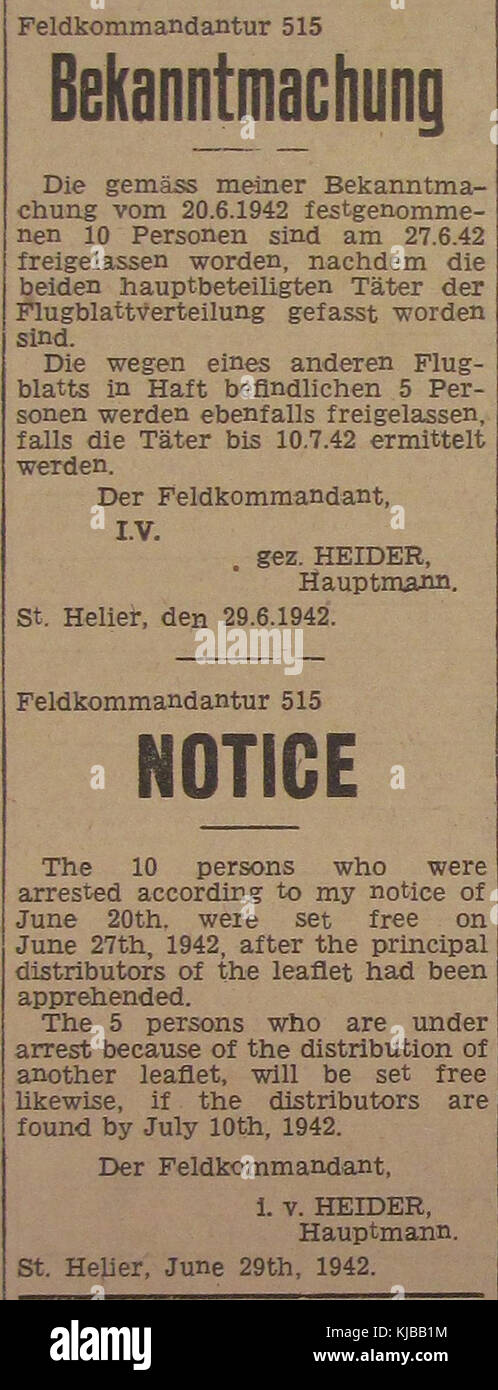 Bekanntmachung 1942 notice otages Jersey b Banque D'Images