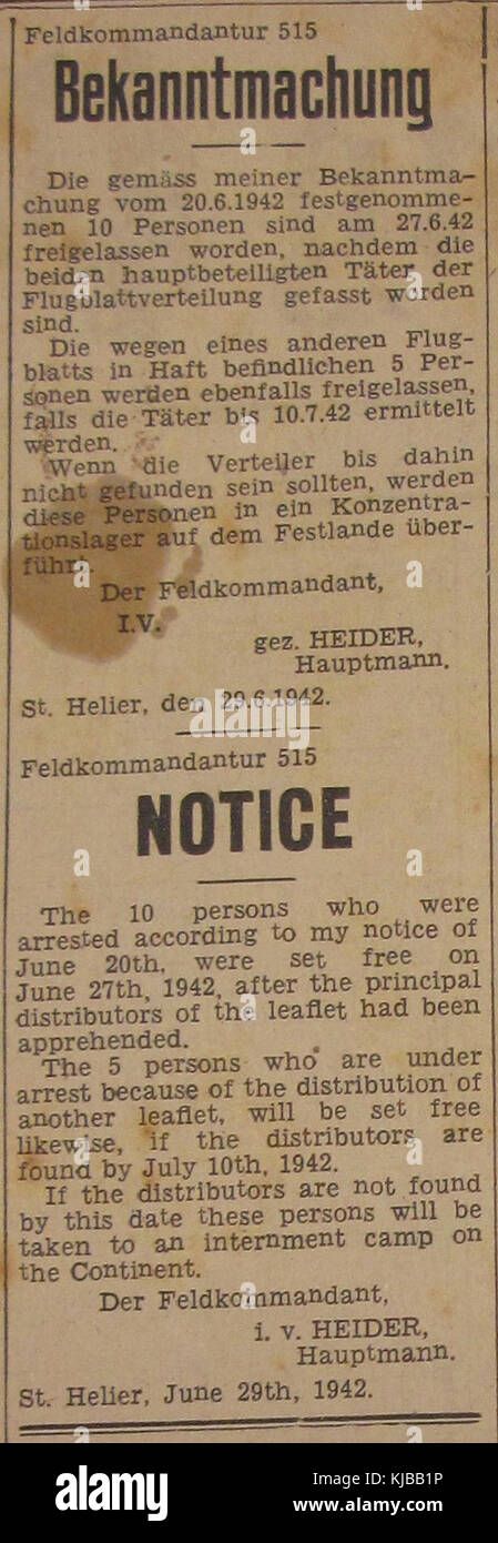 Bekanntmachung 1942 notice otages Jersey Banque D'Images