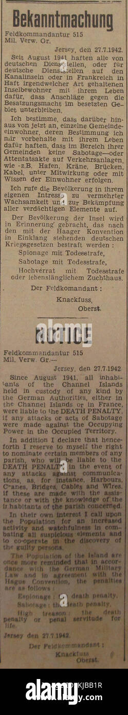 Une annonce de 1942 (Bekanntmachung) à Jersey, évoquant l'imposition de la peine de mort pour sabotage pendant la seconde Guerre mondiale, reflétant la sévérité des lois de guerre dans les îles anglo-normandes occupées par les Allemands. Banque D'Images