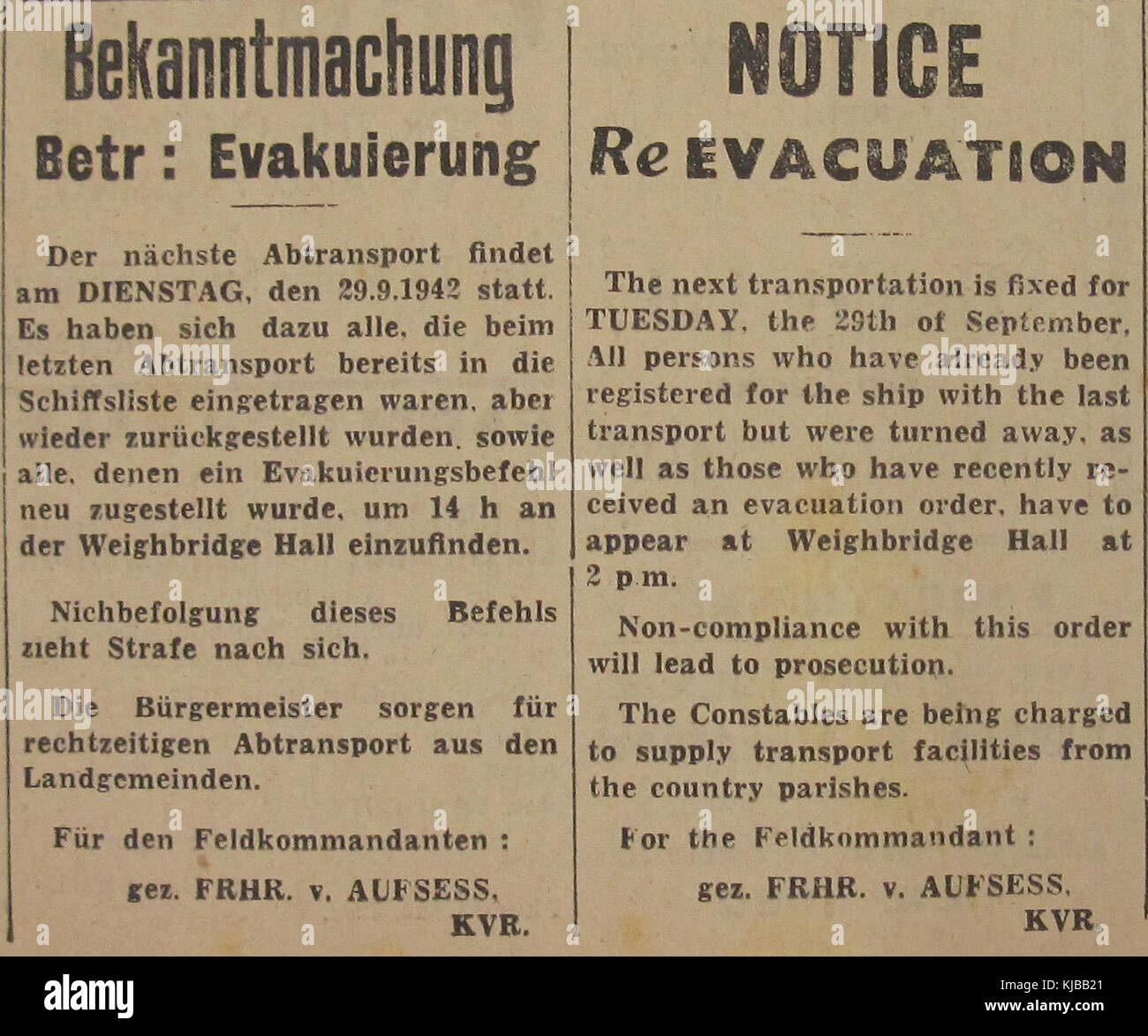 Bekanntmachung 1942 Jersey d'évacuation Banque D'Images