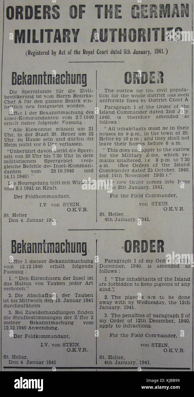 Pigeons 1941 couvre-feu Bekanntmachung Jersey Banque D'Images