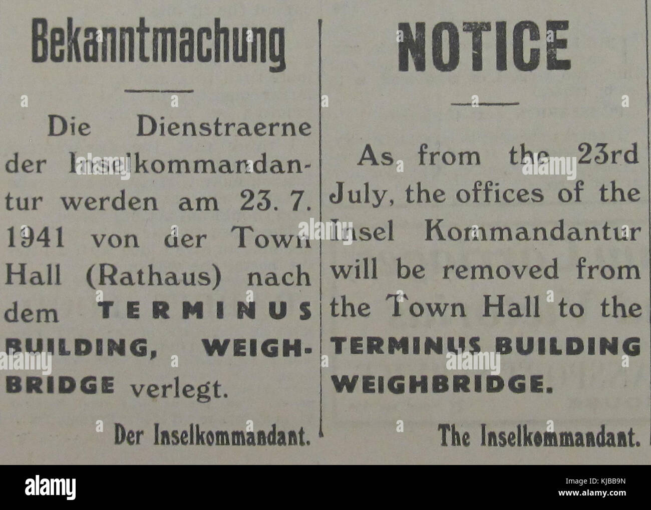 Une publication historique du gouvernement de Jersey de 1941, marquant une annonce officielle faite à la mairie concernant les activités locales en temps de guerre et les efforts communautaires pendant la IIe Guerre mondiale Banque D'Images
