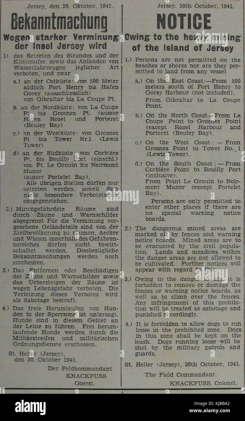 Cette annonce, intitulée « Bekanntmachung » de 1941, fait référence à des mines terrestres à Jersey, probablement liées aux efforts de guerre pendant la seconde Guerre mondiale lorsque l'île était sous occupation allemande. Banque D'Images