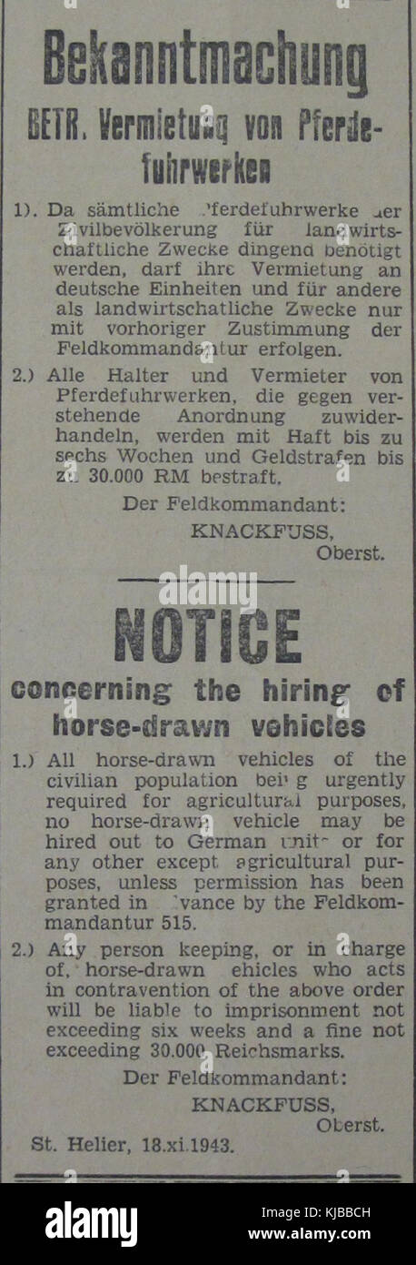 Les véhicules hippomobiles Bekanntmachung Jersey 1943 Banque D'Images