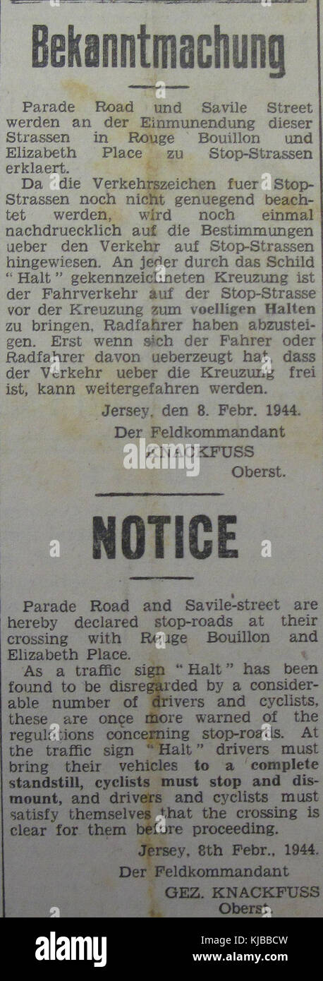 Routes Jersey 1944 stop Bekanntmachung Banque D'Images