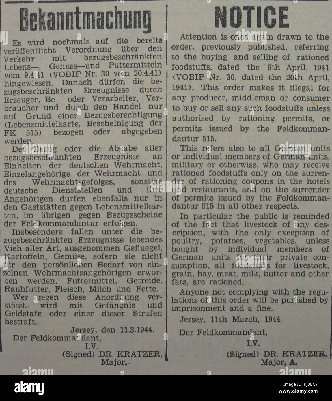 Les denrées alimentaires rationnés Bekanntmachung Jersey 1944 Banque D'Images