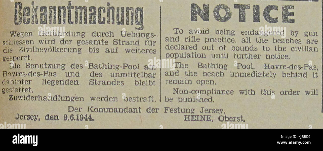En 1944, les autorités allemandes ont publié un « Bekanntmachung » (annonce) déclarant certaines plages de Jersey interdites aux civils pendant l'occupation des îles Anglo-Normandes pendant la première Guerre mondiale Banque D'Images