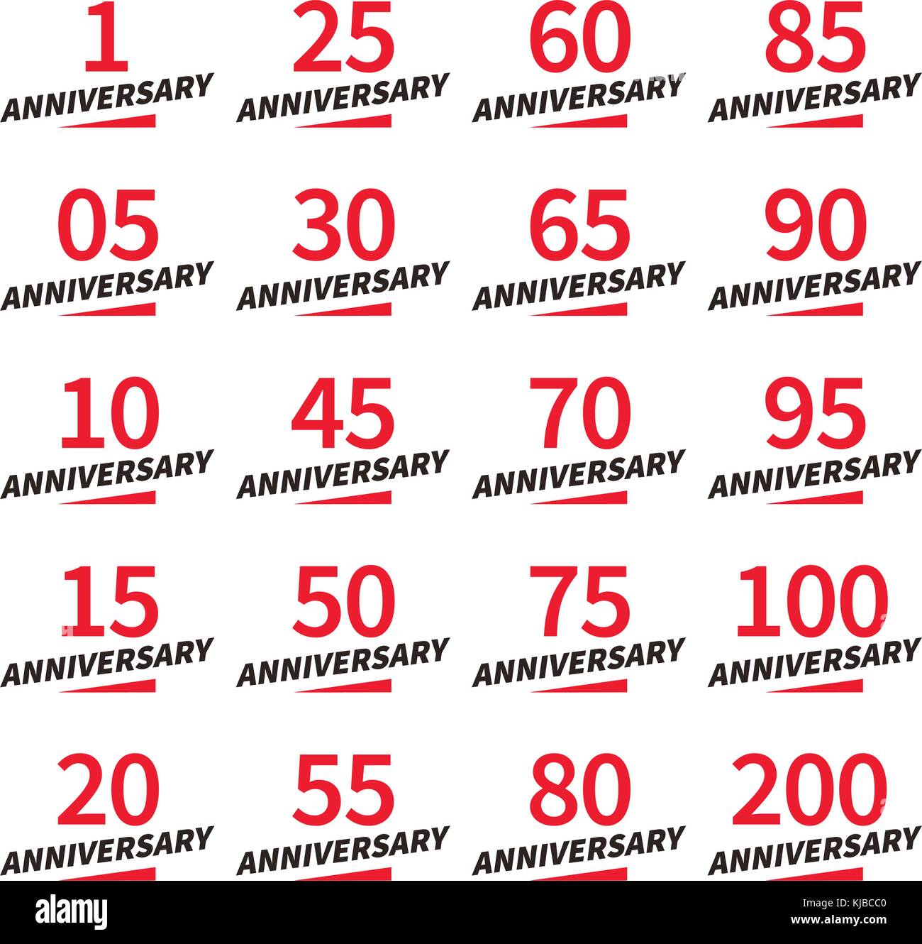 Rouge et noir isolé numéro de couleur avec word ans icons collection sur fond blanc, anniversaire anniversaire carte de souhaits éléments énoncés vector logos Illustration de Vecteur