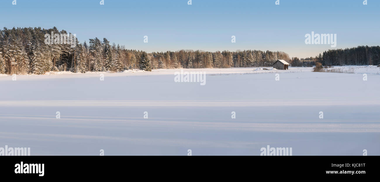 Vieille Grange en paysage de neige et forêt paysage d'hiver dans la région de Roslagen, Uppland, Suède, Scandinavie. Banque D'Images