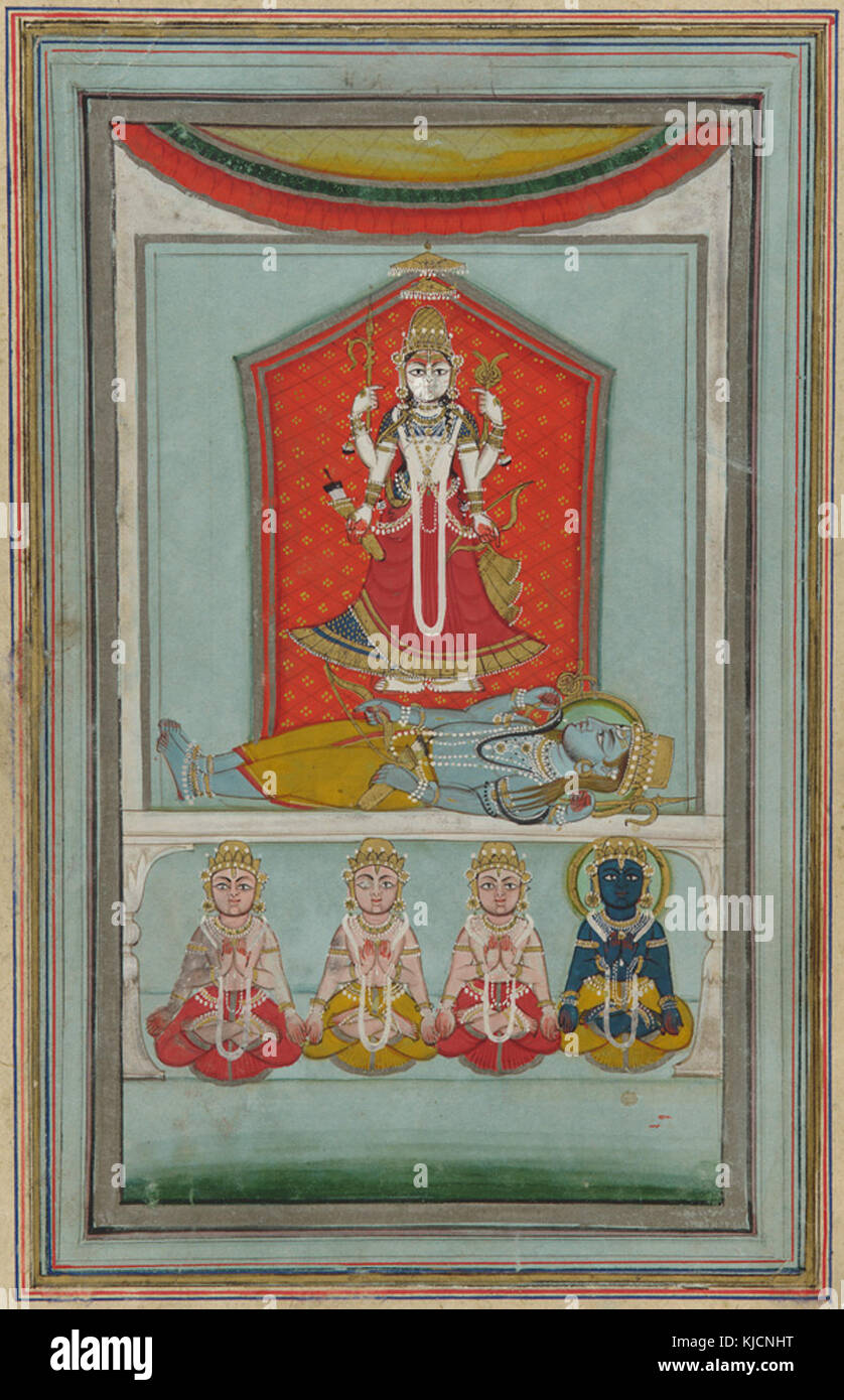 Devi, permanent avec une armée quatre Shiva se prosternant, 19e siècle Banque D'Images