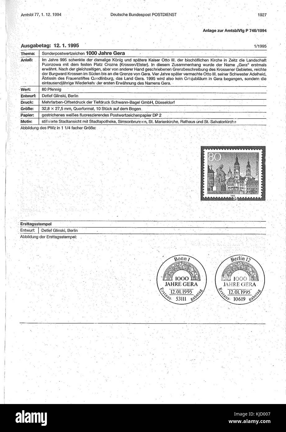 Un document du service postal allemand de 1994 (Amtsbl Bundespost), montrant les règlements et les mises à jour pour cette année. Cette entrée représente une publication spécifique au sein de la série. Banque D'Images