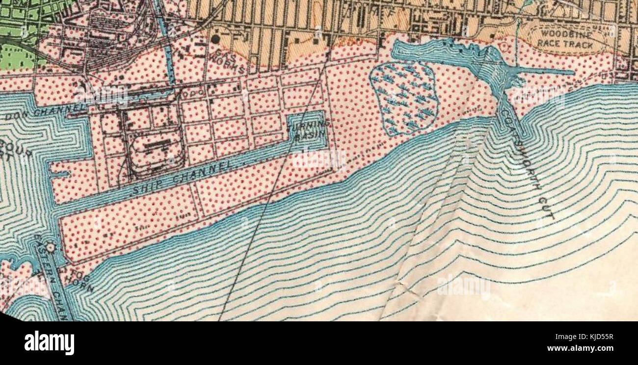 Une image historique des portlands de Toronto de 1932, mettant en vedette le chenal Keating, Turning Basin et Coatsworth Cut, illustrant les secteurs clés du développement riverain de Toronto au cours de cette période. Banque D'Images