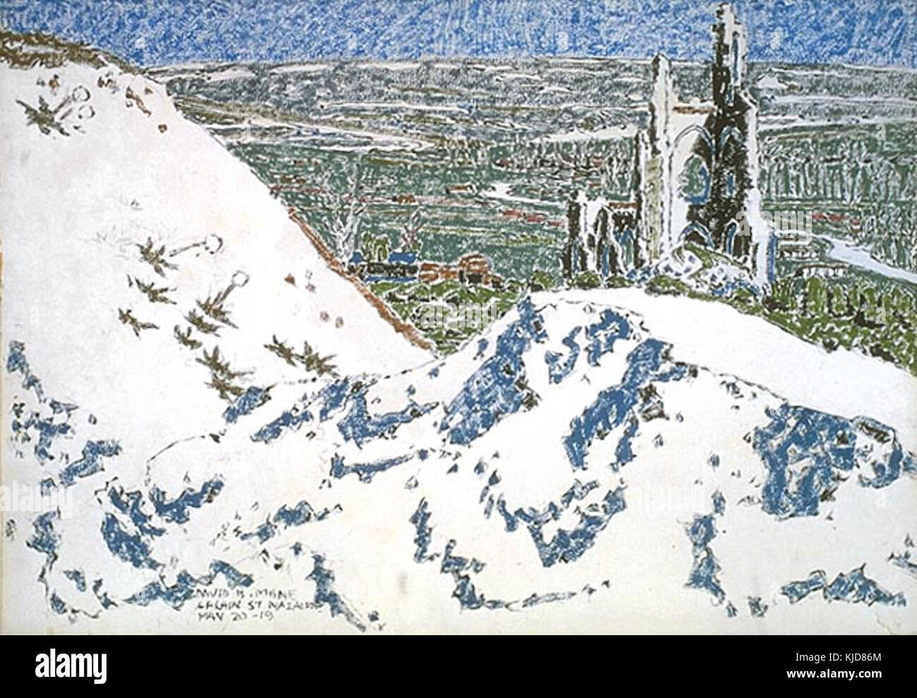 Cette œuvre de David Milne représente l'église Ablain Saint Nazaire vue depuis la crête de Lorette, avec Souchez et Vimy au loin. Banque D'Images