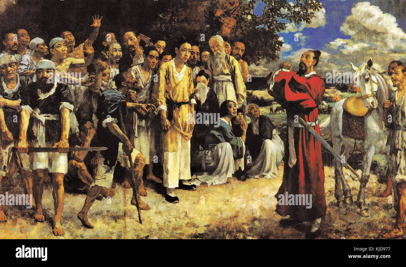 La peinture de Xu Beihong, « cinq cents héros de Tianheng », présente une scène historique ou mythologique, reflétant l'art chinois et des thèmes culturels. Beihong était connu pour ses peintures chinoises traditionnelles et sa maîtrise de la combinaison des styles occidentaux et orientaux. Banque D'Images