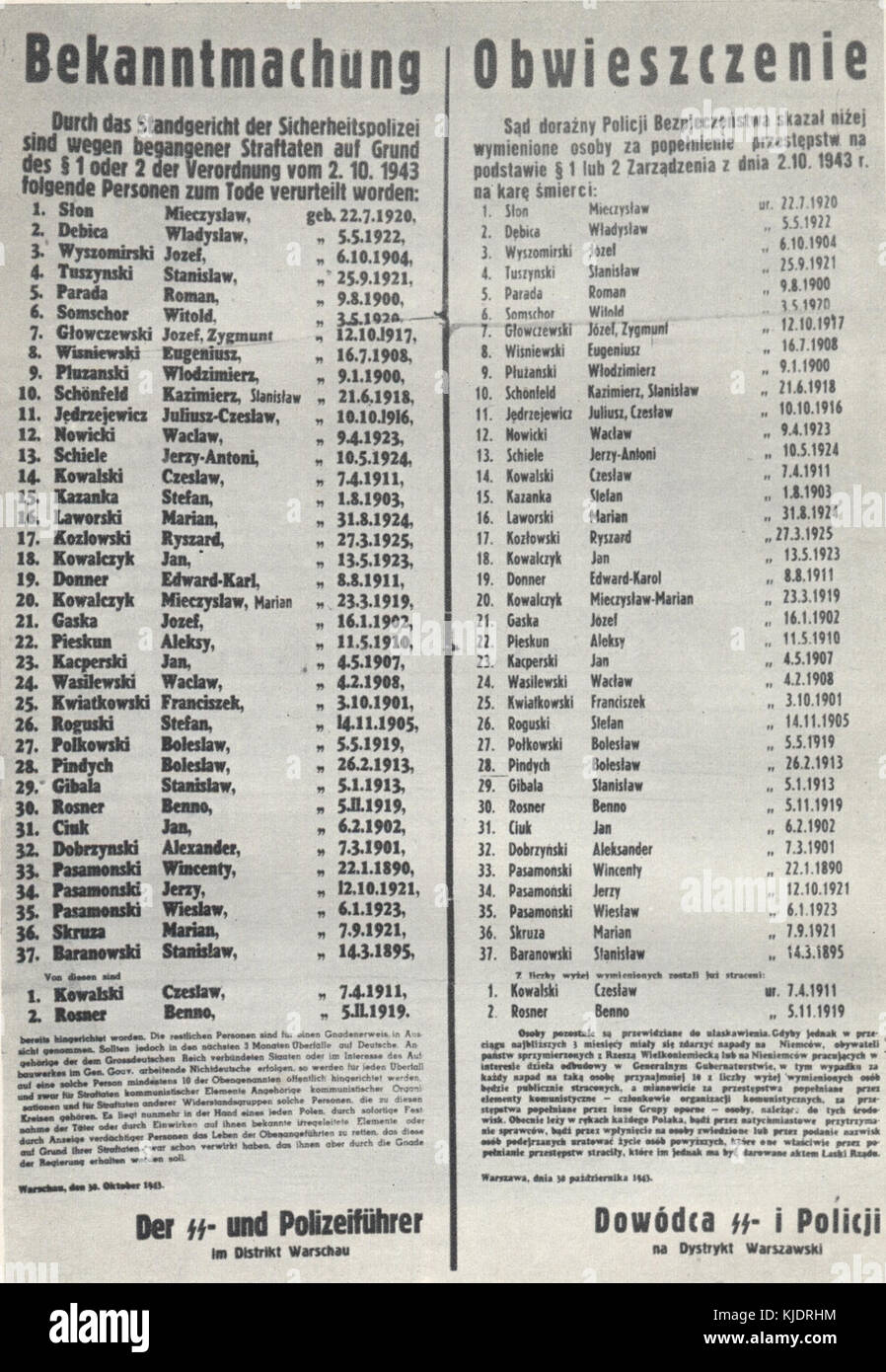 En octobre 1943, 37 Polonais ont été condamnés à mort par les occupants allemands à Varsovie. Cette action s'inscrivait dans le cadre d'efforts plus larges visant à réprimer les mouvements de résistance polonaise pendant la IIe Guerre mondiale. La peine de mort visait des individus impliqués dans des activités anti-allemandes et des actes de défiance contre les forces nazies dans la ville. Banque D'Images