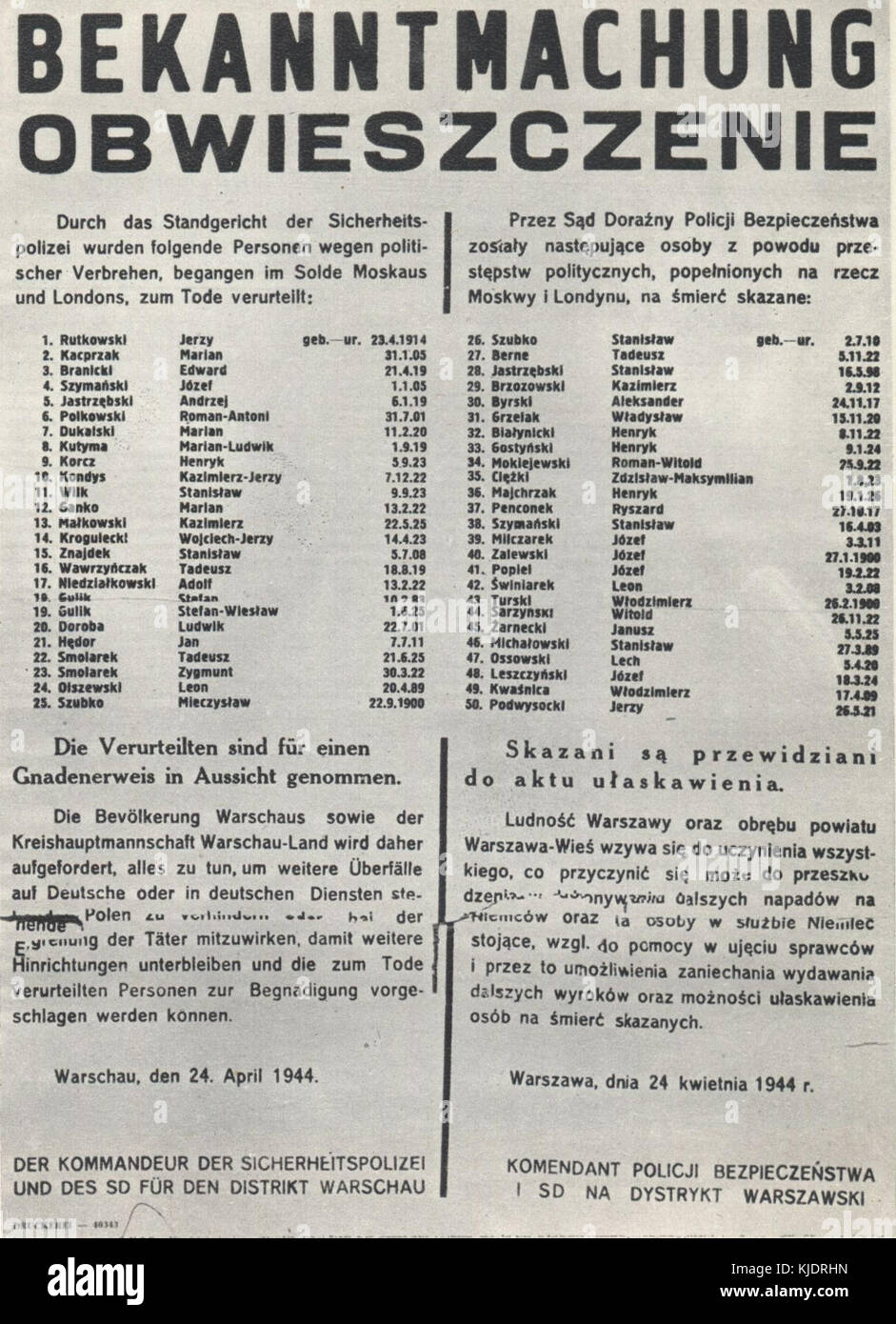 Annonce de la peine de mort pour 50 pôles en territoires VARSOVIE (Avril 1944) Banque D'Images