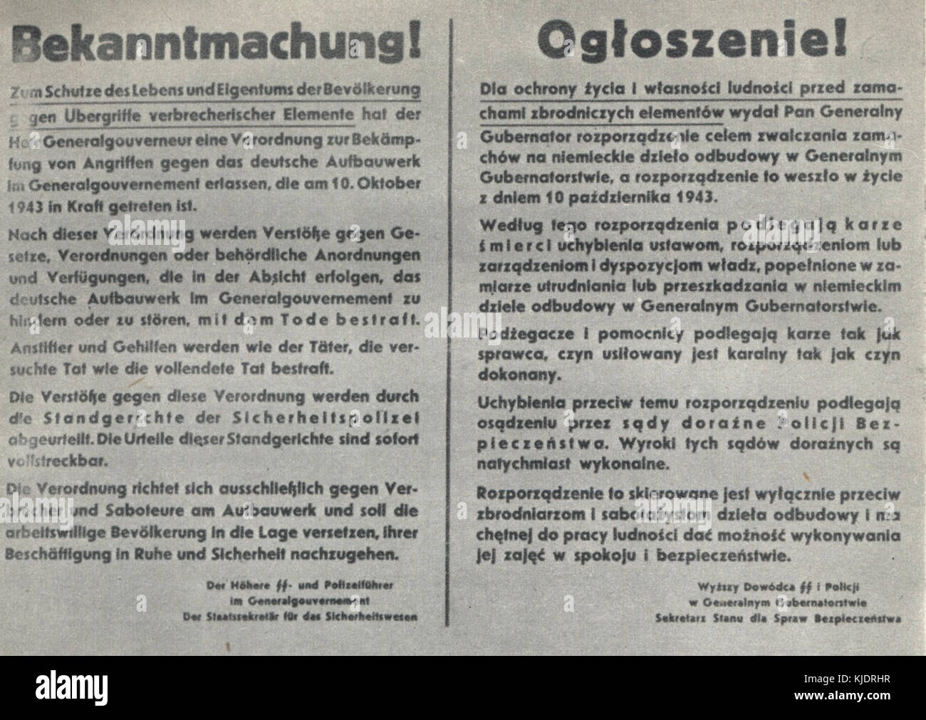 Ce document historique annonce la peine de mort pour ceux qui sont accusés d'entraver les efforts de reconstruction de l'Allemagne en Pologne occupée pendant la IIe Guerre mondiale. C'est un bilan significatif des politiques de guerre et des mesures d'occupation. Banque D'Images